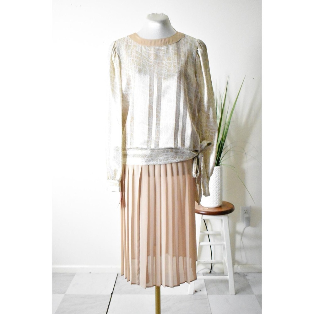 Lisa Michaels Skirt Set Women 6 Gold 80s Vintage Metallic Pleated Blouse NWT
